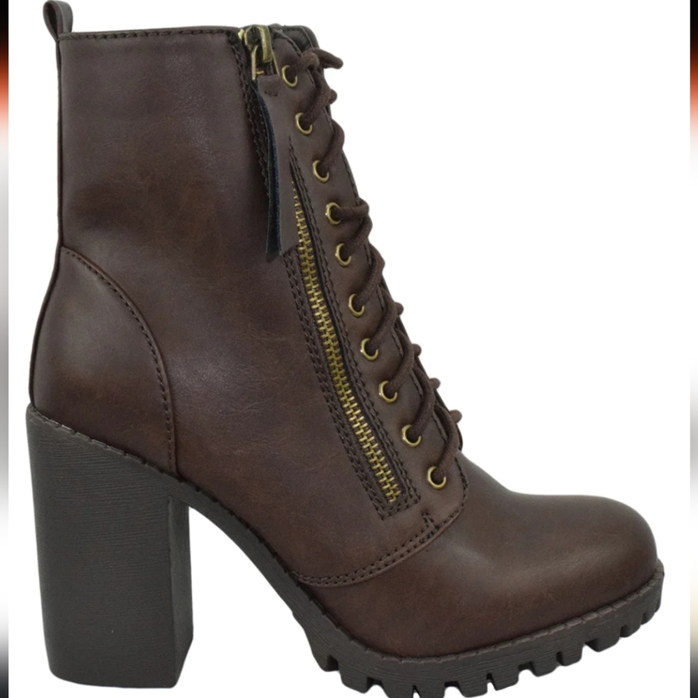 Soda Women Chunky High Heel Combat Army Military Riding Boots Booties Dark Brown